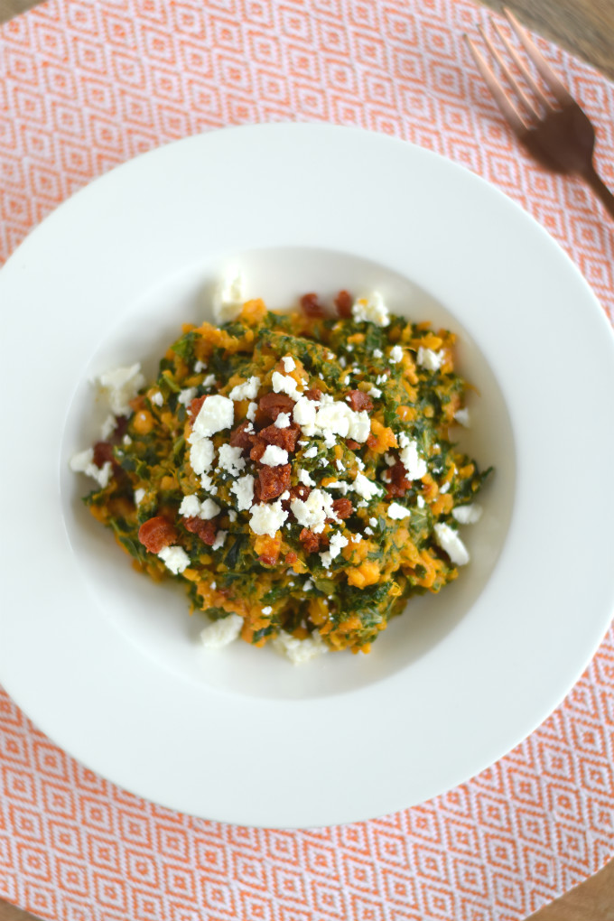 zoete aardappel stamppot met chorizo en boerenkool - Anniepannie.nl