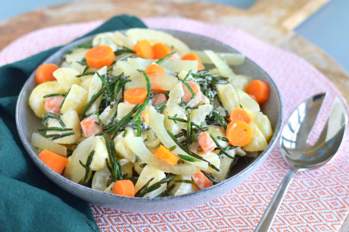 Aardappelsalade met zeekraal venkel en wortel - Anniepannie