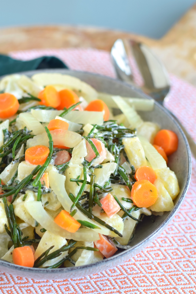 Aardappelsalade met zeekraal wortel en venkel - Anniepannie