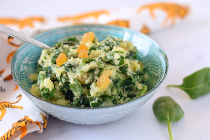 Aardappelpuree met spinazie munt en blanke rozijnen - Anniepannie