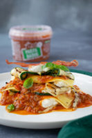 Open lasagne met gegrilde groente en knapperige Parmaham