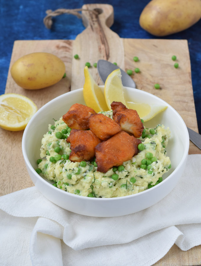 Aardappelpuree met munt doperwten en kibbeling-1