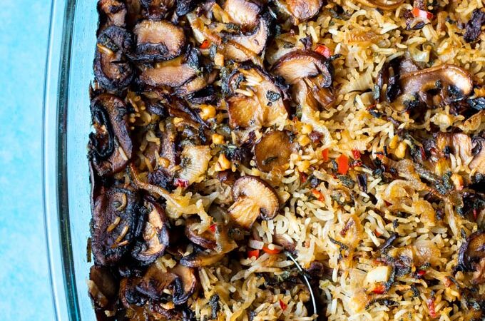 Rijstschotel met champignons en feta