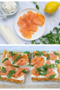 Foto van de 5 ingrediënten en het gerecht: Plaattaart met gerookte zalm, citroenricotta en rucola.