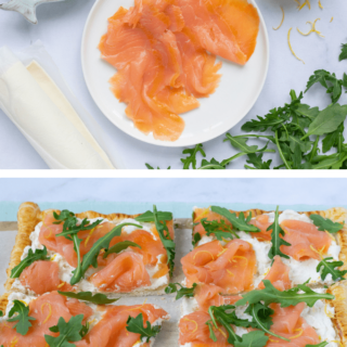 Foto van de 5 ingrediënten en het gerecht: Plaattaart met gerookte zalm, citroenricotta en rucola.