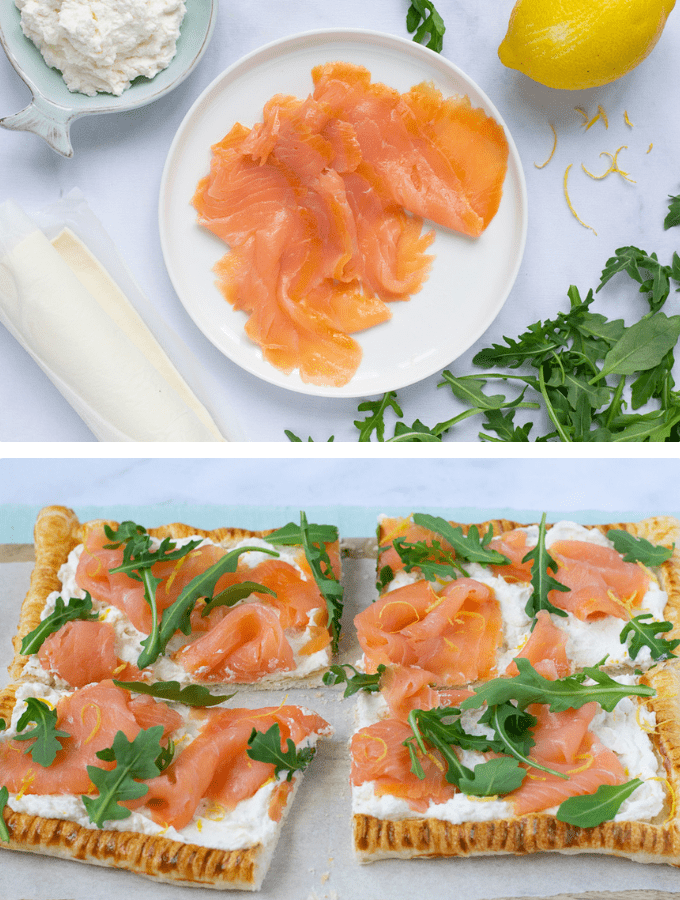 Foto van de 5 ingrediënten en het gerecht: Plaattaart met gerookte zalm, citroenricotta en rucola.